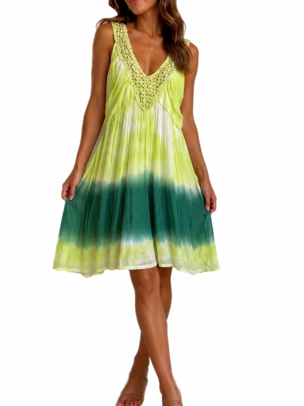 Alberto Makali Green Ombre Sleeveless Dress Lace V-Neck Flowy Tiered Size M